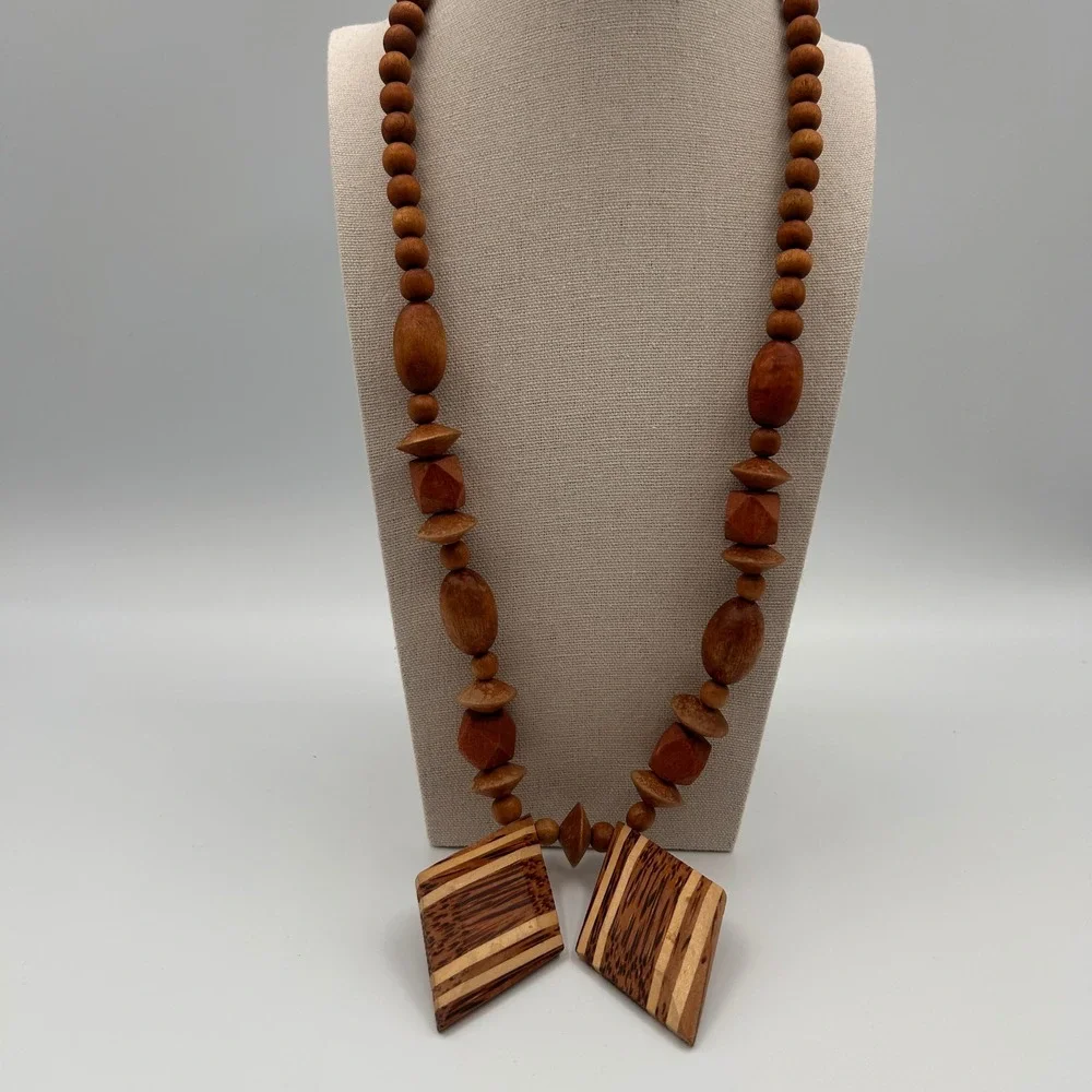 Vintage Boho Natural Wood Beaded Necklace Stripe Geometric Pendant Statement 24